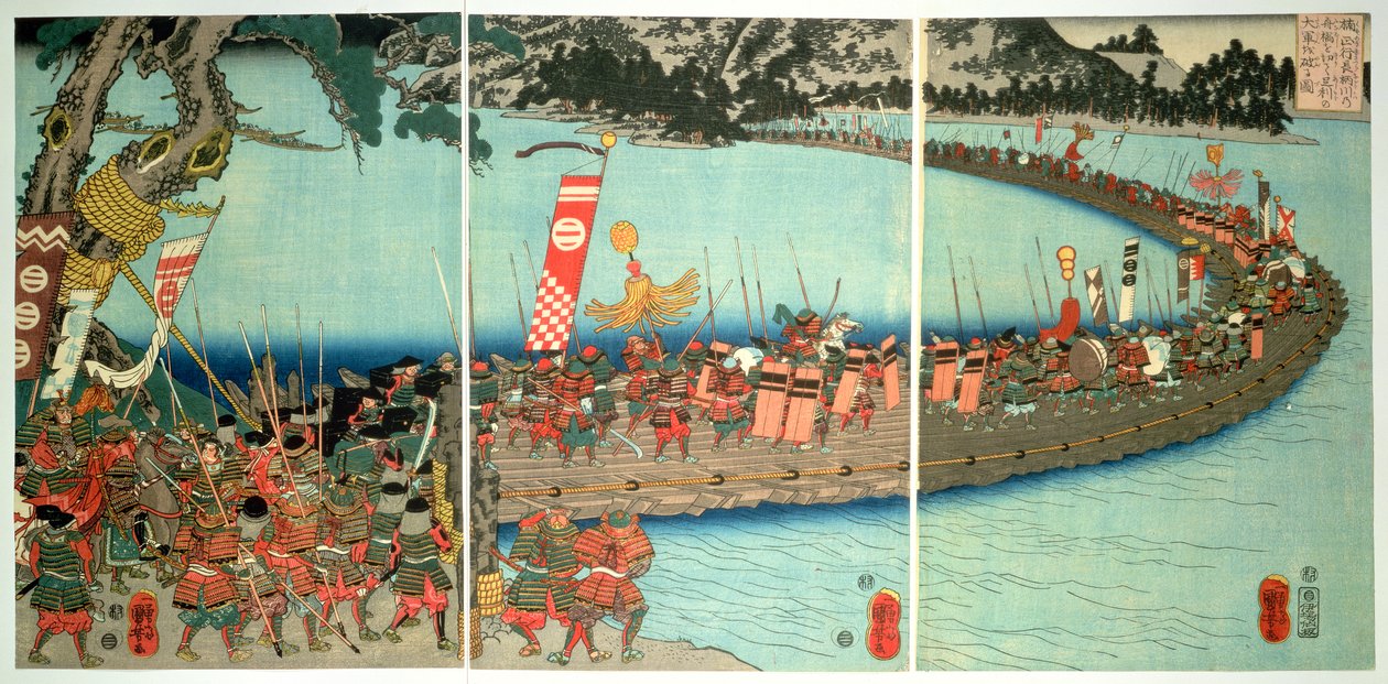 長良川の戦いでの船の橋、1844年頃（カラーの木版画）
